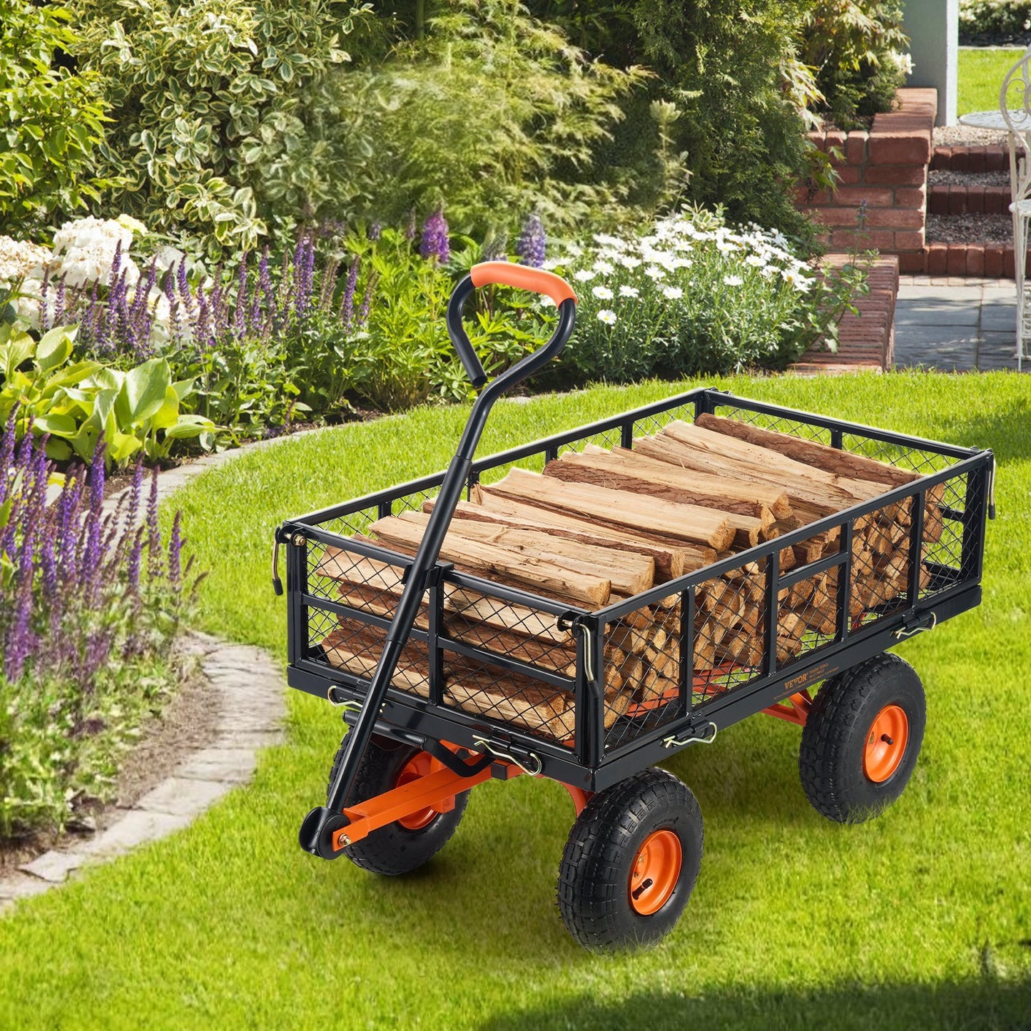 VEVOR Dump Cart, Metal Garden Dump Cart With Easy To Assemble Frame, Dump Wagon With 2-in-1 Convertible Handle, Utility Wheelbarrow 400 Lbs Capacity, 10 Inch Tires - Lawnbeast