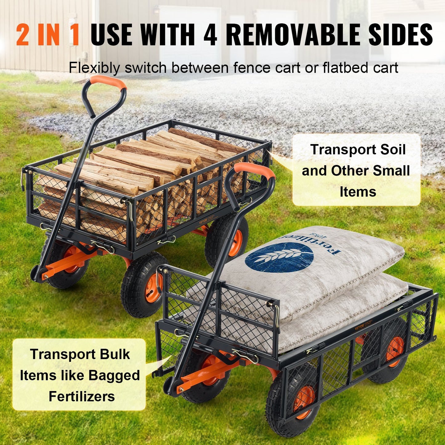VEVOR Dump Cart, Metal Garden Dump Cart With Easy To Assemble Frame, Dump Wagon With 2-in-1 Convertible Handle, Utility Wheelbarrow 400 Lbs Capacity, 10 Inch Tires - Lawnbeast