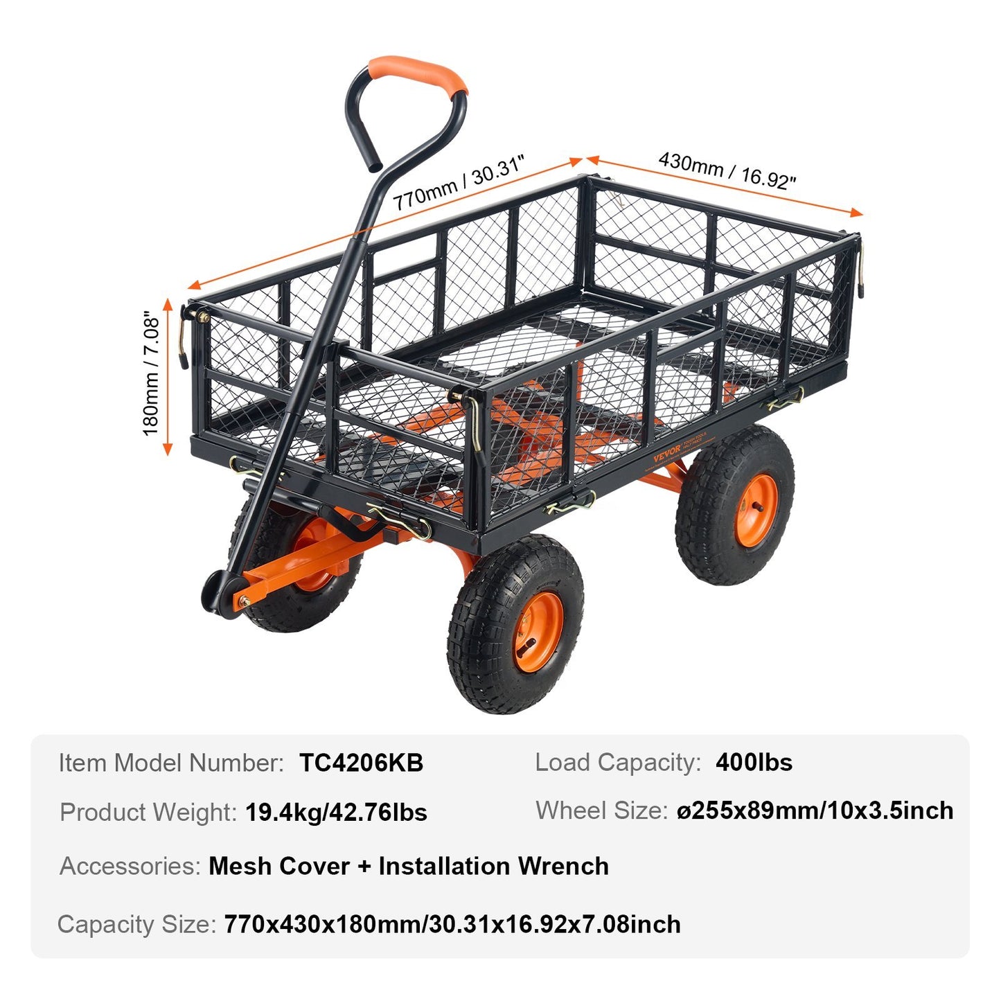 VEVOR Dump Cart, Metal Garden Dump Cart With Easy To Assemble Frame, Dump Wagon With 2-in-1 Convertible Handle, Utility Wheelbarrow 400 Lbs Capacity, 10 Inch Tires - Lawnbeast