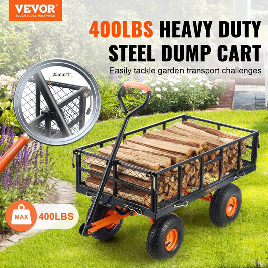 VEVOR Dump Cart, Metal Garden Dump Cart With Easy To Assemble Frame, Dump Wagon With 2-in-1 Convertible Handle, Utility Wheelbarrow 400 Lbs Capacity, 10 Inch Tires - Lawnbeast
